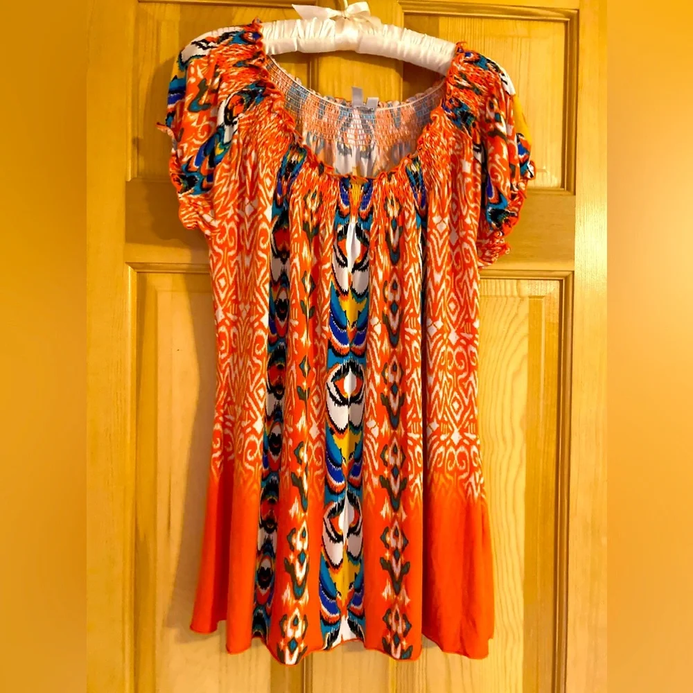 Madison Orange Patterned Stretchy Ruffle Top - Picture 1 of 3